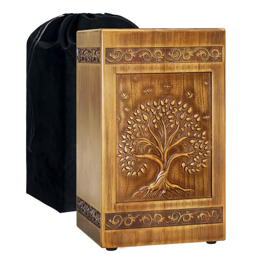 Wood Urn for Ashes for Women Tree of Life Carving Cremation Urns for Human Ashes Adult Male Female - Large 270 Cubic Inch, Funeral Memorial Decorative Urn Box with Satin Bag