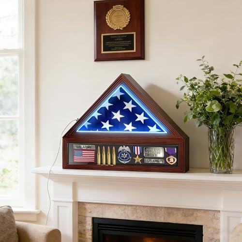 Flag Display Case, Fits Folded 3x5' American Flags (Not for Burial Flag), Military Flag and Certificate Shadow Box with LED Lights, Flag Cases for Wall Mounted or Tabletop