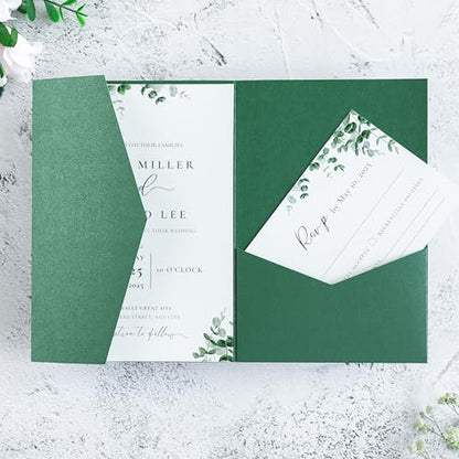 20 PCS Emerald Green Tri-fold Laser Cut Wedding Invitation Pockets for 5x7 Wedding Cards Bridal Shower Engagement Quinceanera Invitation - color: Emerald Green