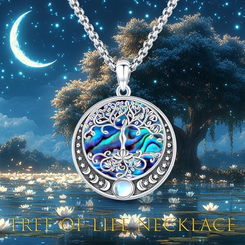 Sterling Silver Tree of Life Necklace for Women Oval Family Tree Necklace Abalone Shell Moonstone Pendant Mother Day Necklace for Mom Tree of Life Jewelry - style: Tree of Life-Moon Phase