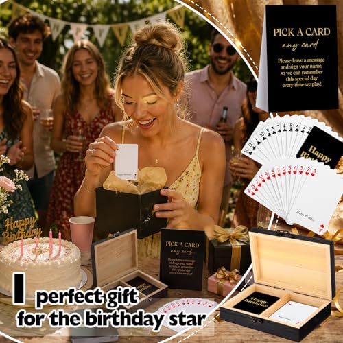 AceOrbit 57 Pack Birthday Guest Book Playing Card Set with Black Wooden Box | Signing Guestbook Alternative Personalized Blank Deck of Cards for Guest Reception Birthdays Celebration Party Games Favors - color: Black, style: Birthday