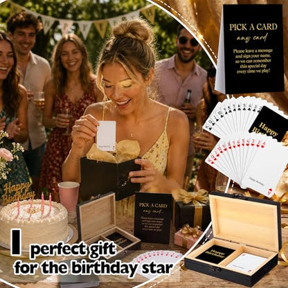 AceOrbit 57 Pack Birthday Guest Book Playing Card Set with Black Wooden Box | Signing Guestbook Alternative Personalized Blank Deck of Cards for Guest Reception Birthdays Celebration Party Games Favors - color: Black, style: Birthday