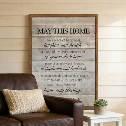 Framed Inspirational Wall Art May This Home Be a Place of Happiness Quote Wall Decor New Home Poster House Warming Gifts for Bedroom Living Room Word Artwork 8x10 Inch - size: 8"L x 10"W