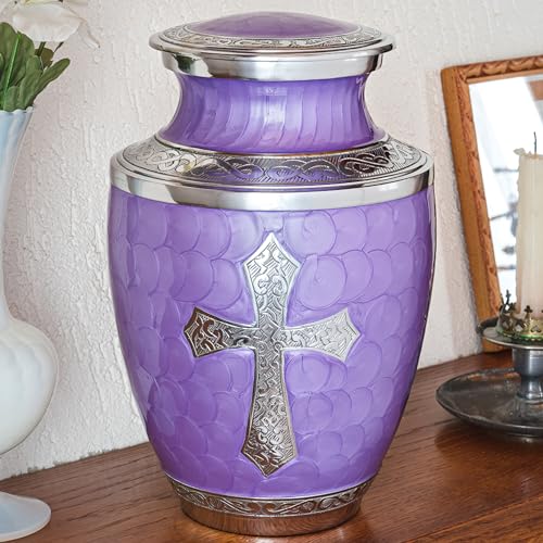 Olivia Memorials Purple Urn for Ashes Adult Male Female - Free Pendant Necklace - Religious Cross Urn for Women Men - Love of God Carefully Handcrafted - Funeral Decorative Urn - color: God's Love - Purple, size: Large - 1 Count