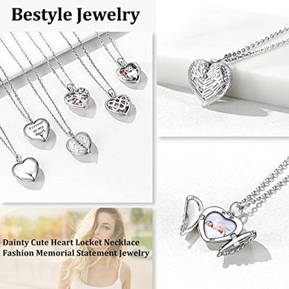 Bestyle Sterling Silver Heart Locket Necklace for Women, Dainty Cute Small Heart Locket Pendant in Gold/Rose Gold/Silver, Love Statement Jewelry Gift for Mother Wife - color: D1. Angel Wing-Silver-Locket Only, NO Custom