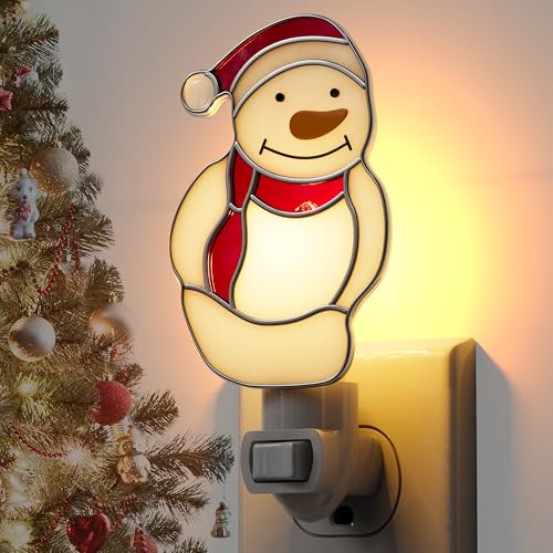 Stained Glass Christmas Snowmen Night Lights Plug in Wall for Home - color: White Snowmen