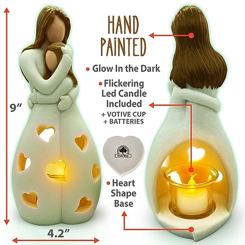 Mother-Daughter Glow in The Dark Candle Holder Statue with Flickering LED Candle | Hand-Painted - Unique Gifts for Mother's Day, Christmas, Birthday | Greeting Card Included - color: Mom & Gaughter (Glow-light Brown)