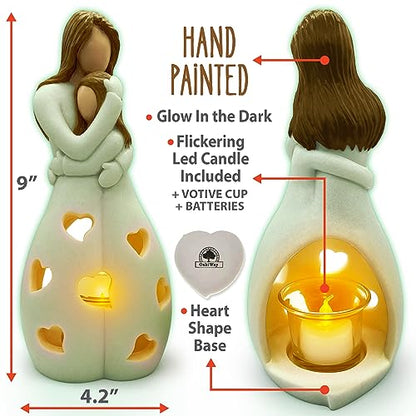 Mother-Daughter Glow in The Dark Candle Holder Statue with Flickering LED Candle | Hand-Painted - Unique Gifts for Mother's Day, Christmas, Birthday | Greeting Card Included - color: Mom & Gaughter (Glow-light Brown)