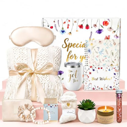 15 Pcs Get Well Soon Gifts Basket, Spa Set, Blanket, Socks, Self Care Package Sympathy Gifts for Women, Thinking of You Gift for Mom, Friends - color: Ivory White
