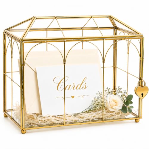 Glass Wedding Card Box with Slot and Lock, Gold Card Box | Clear Brass Frame Card Box for Wedding Reception, Decorative Storage Box for Baby Shower, Birthday Party, Bridal Shower - size: 10.2" Gold with Arch