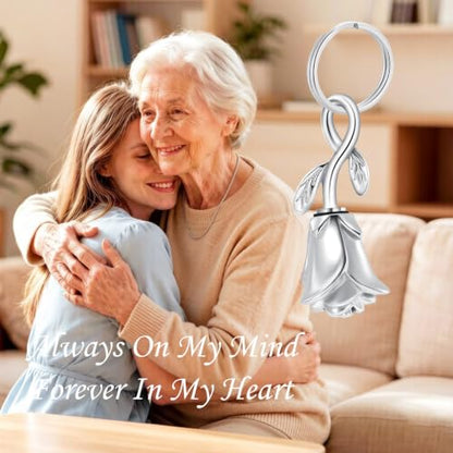 zeqingjw Urn Keychain Cremation Jewelry for Ashes Rose Flower Memorial Keychain Funeral Keepsake Ashes Pendant Gift - color: Silver