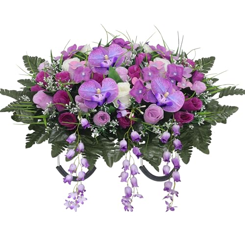 Wocst Large Cemetery Flowers Saddle Artificial Cemetery Flowers for Grave Realistic Silk Roses Memorial Flowers for Outdoor Grave Decoration UV Resistant (Purple, Saddle) - color: Purple
