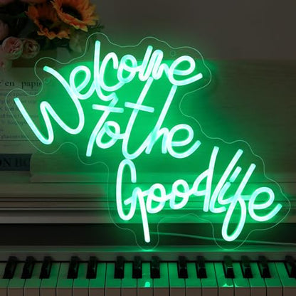 Welcome To The Good Life Neon Signs for Wall Decor LED Neon Light Signs USB Letter Light Up Sign for Bedroom Kids Room Birthday Christmas Party Wedding Bar Decoration Gifts(13.4x17.2 inch) - style: English