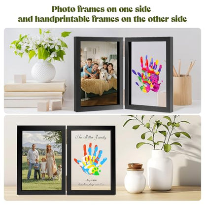 Family Handprint Kit, DIY Baby Hand and Footprint Handmade Keepsake Wooden Frame, Family Gifts with 5 Non-Toxic Baby-Safe Paint, Ideas Gift for New Parents, Grandparents, Father's Day, Mother's Day - color: Black, size: 4 Pages Acrylic Boards