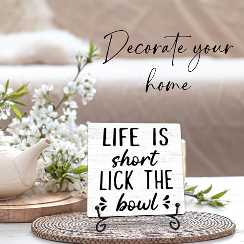 Life is Short Lick the Bowl Wooden Sign - 5" Funny Wooden Plaque With Metal Support - Rustic Tabletop Bathroom, Toilet, Kitchen Room Decor - Housewarming Gifts For Family & Friends - A01 - style: Life is Short Lick the Bowl