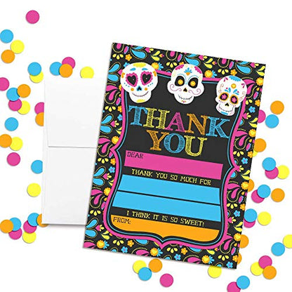 Sugar Skull Day of The Dead, Dia De Los Muertos, Colorful Halloween Thank You Notes for Kids, Ten 4" x 5.5" Fill In The Blank Cards with 10 White Envelopes by AmandaCreation - style: Sugar Skull Day of The Dead