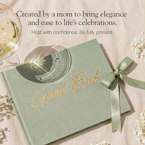Wedding Guest Book with Keepsake Pocket & Satin Bow Closure Linen Hardcover - color: Sage Green
