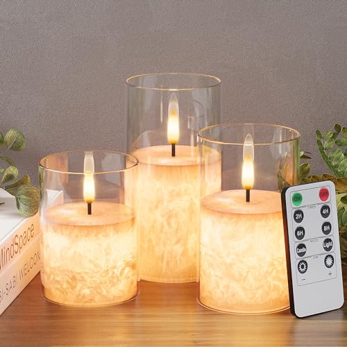 VIODAIM Ice Crystal Real Wax Glass Flameless Candles with Remote & Timer, Battery Operated Candles with Warm Flickering Flame, Realistic LED Candle for Wedding Home Decor [D3×H4/5"/6"] Clear, 3Pack - color: Clear