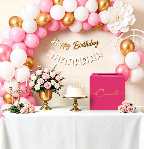 HEIPINIUYE Hot Pink Wedding Card Box with Gold Foil 9.8" x 9.8" Pink Large Gift Card Box for Party Wedding Reception Graduation Birthday Baby Shower Cardboard Raffle Envelope Box with Slot - color: Hot Pink Card Box with Gold Foil