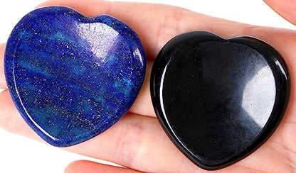 QINJIEJIE 2PCS Worry Stones for Anxiety Lapis Lazuli Black Obsidian Crystals Thumb Heart Crystal Palm Polished Gemstone Pocket Massage Natural Gem Stress Relief Item Reiki Meditation Gift for Women - color: C-lapis Lazuli+black Obsidian