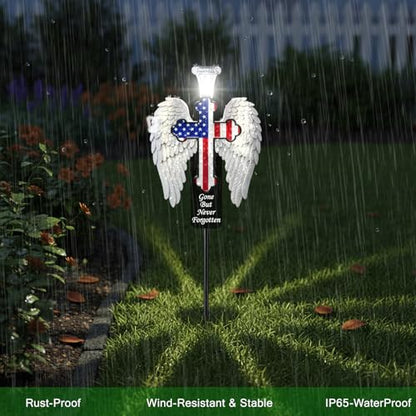 Solar Memorial Cross with Angel Wings - Patriotic American Flag Cemetery Decorations - 2026 USA 250th Anniversary Veteran Grave Marker, Father's Day Tribute - style: Angel wings
