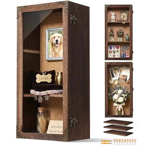 Shadow Box Frame 8x16 with Real Glass Door, Deep Solid Wood Memory Display Case with 4 Inch Outer Depth, for Medals, Collectibles, Photos, Flowers, Wall Mount or Tabletop - size: Tall Deep 8x16 Carbonized