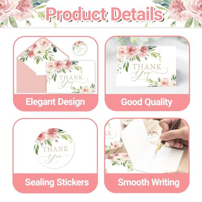 48 Pack Thank You Cards with Envelopes Pink and Stickers, Floral Thank You Cards for Graduation, Summer Wedding Bridal Appreciation Banquet, Baby Shower, Graduation Ceremony, Birthday Greeting Letter - style: 48pcs - Pink Flowers