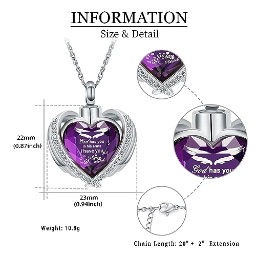 shajwo Angel Wing Heart Urn Ashes Necklace for Women Men | Cremation Jewelry,Birthstone Necklace of Loved One,Memorial Pendant for Human Pet - color: Silver-Purple