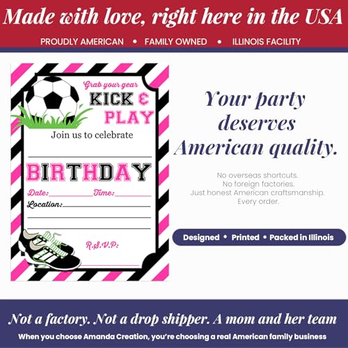 Pink & Black Kick and Play Soccer Themed Birthday Party Invitations for Girls, 20 5x7 Fill In Cards with Twenty White Envelopes by AmandaCreation - style: Pink & Black Kick and Play Soccer