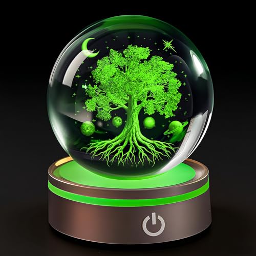 80mm Tree of Life Crystal Ball with Colorful LED Base 3D Laser Engraved Glass Figurines Home Decor Spiritual Growth Birthday Gifts for Women Men Decorative Globes Plant Sphere Night Light for Room - color: Tree of Life - 3.15"