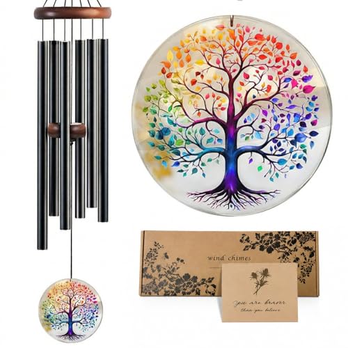Tree of Life Wind Chimes for Outside, Deep Tone Outdoor Wind Chime with Colorful Wind Catcher, 6 Aluminum Tubes, Garden Porch Patio Decor, Memorial & Birthday Gift - color: 34" Tree of Life