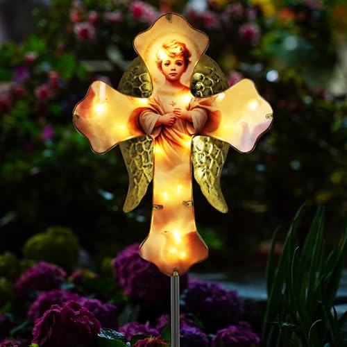 Solar Little Angel Cross Iron Garden Stake Light Memorial | Waterproof、Cemetery Use、Easter Decoration、Sympathy Gift - color: Little Angel