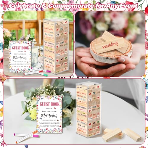 Beeveer 80 Pcs Wedding Guest Book Alternative Wooden Block Guest Book for Wedding Sign in Bridal Shower Decoration 54 Pcs Wooden Block Bridal Shower Game for Sign in, Reception(Wildflower) - style: Wildflower