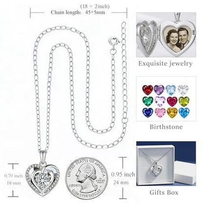 Locket Heart Necklace that Holds Pictures Photo Lockets Birthstone Pendant Anniversary Memorial Jewelry Gifts for Women - color: 04-April-Silver-Heart Locket
