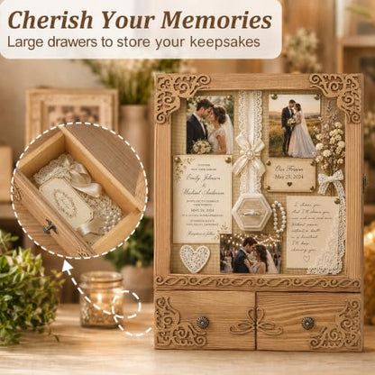 11x16 Shadow Box Frame with Light, Wedding Memorial Display Case with Shelves, Drawer and Slot for Keepsakes Large Deep Shadow Box for Flowers,Wedding Gift, Rustic Wood - color: Wood With Drawers