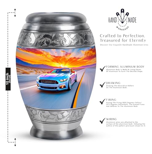 Car Cremation Urn for Ashes Adult Male & Female - Blue Urn for Husband and Wife 10 Inch and 3 Inch - 1 Large & Set of 4 Keepsake Urns for Human Ashes Adult Man - Sunset Funeral Urns for Woman and Man - color: Car-5, size: combo-3