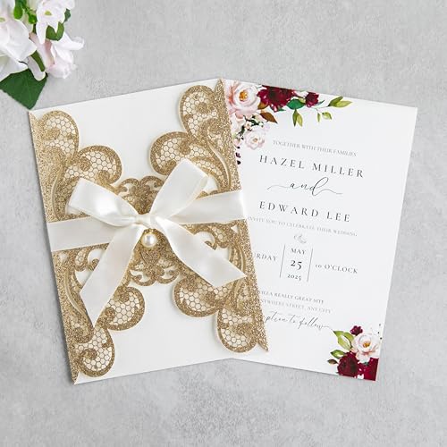 20Pcs Gold Glitter Laser Cut Wedding Invitation Cards With Envelopes - color: Gold Glitter