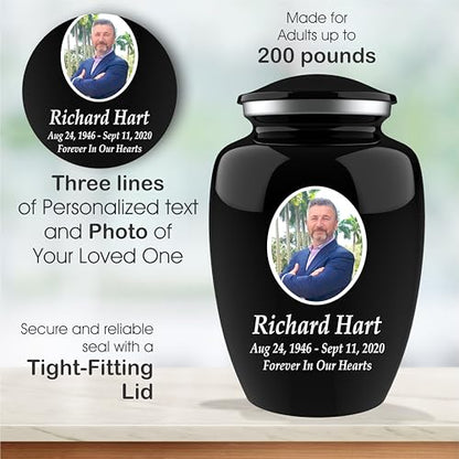 Personalized Photo & Engraved Cremation Urn for Human Ashes | Large Adult Memorial Urn | Black Finish | Up to 200 lbs