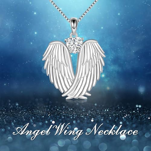 YFN Angel Wings Necklace 925 Sterling Silver Guardian Angel Wings Pendant Necklace Birthstone Necklace for Women Girls Christmas Jewelry Gifts - color: April-white