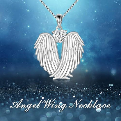 YFN Angel Wings Necklace 925 Sterling Silver Guardian Angel Wings Pendant Necklace Birthstone Necklace for Women Girls Christmas Jewelry Gifts - color: April-white