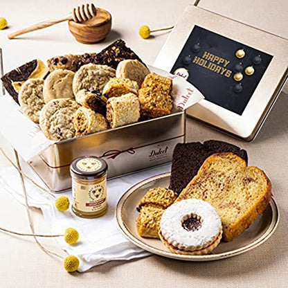 Dulcet Gift Baskets Classic Honey Confection Happy Holiday Tin of Gourmet Pastries Great Gift For Men, Women, Family and Friends - style: Holiday