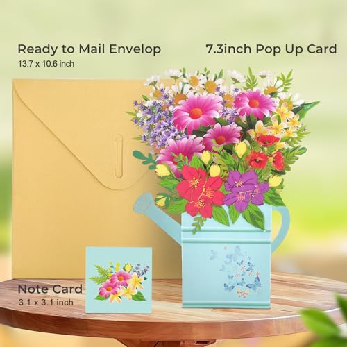 Pop Up Birthday Card for Mom, Sister, Daughter | Watering Can & Wildflower Bouquet 3D Greeting Card for Women, Thoughtful Birthday Gift with Envelope & Blank Note - color: Wildflower Watering Can