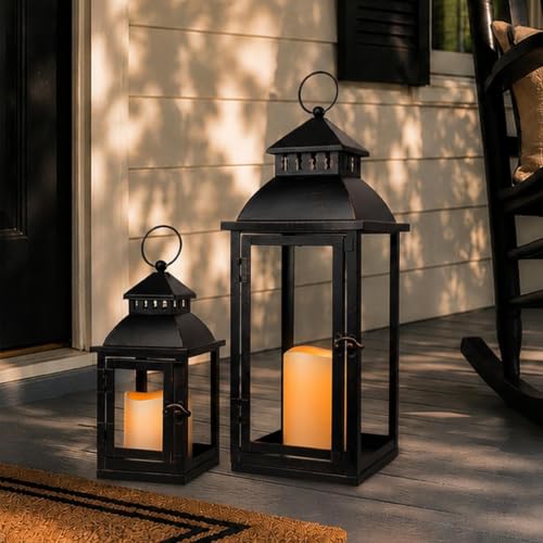 NEEDOMO LED Lanterns Decorative Outdoor&Indoor, Set of 2 Large Bronze Metal Lantern Decor with LED Candle, Lantern Decor for Porch, Patio, Garden, Balcony, Wedding, Spring Decorations (NO Glass) - size: 17" & 11" / LED Candles
