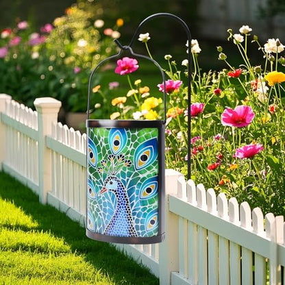 MUMTOP Peacock Solar Lantern, Hanging Glass Outdoor Garden Light - color: Peacock Blue