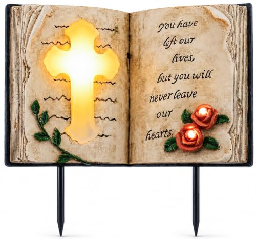 Candieslife Outdoor Solar Memorial Cross Stakes Lights, Waterproof Book Statue Grave Decorations Sympathy Gifts for Cemetery Garden Lawn Yard Patio Home Decor - color: Bible