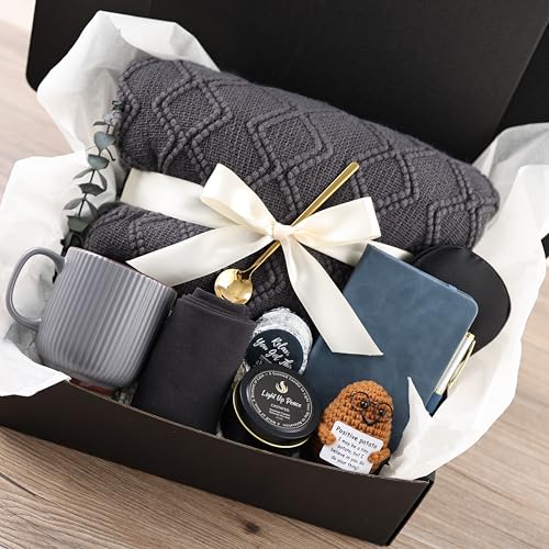 Thoughtful Comfort Care Package for Men & Women - Grey & Navy Gift Box with Knitted Blanket, Ceramic Mug & Positive Potato - Versatile Thinking of You or Birthday Gift - color: Grey