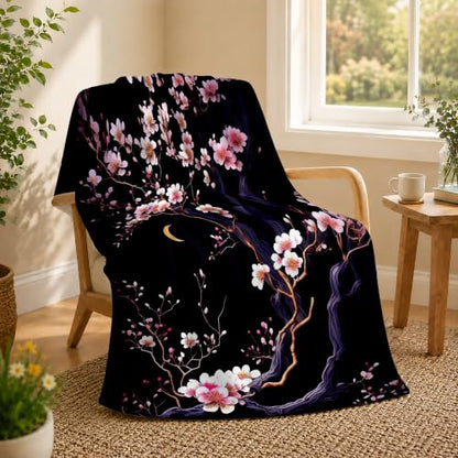 Japanese Cherry Blossoms Fleece Throw Blanket, Blankets for Couch 50"×60" - color: Japanese Cherry Blossoms