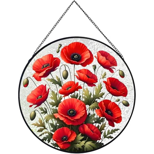RIVEENY Poppy Hanging Stained Glass for Windows, Hand-Painted Sun Catcher Garden Hangings Christmas Mother's Day Valentine's Day Ornaments Festival Gift - color: Poppy