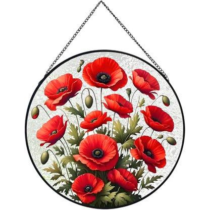 RIVEENY Poppy Hanging Stained Glass for Windows, Hand-Painted Sun Catcher Garden Hangings Christmas Mother's Day Valentine's Day Ornaments Festival Gift - color: Poppy