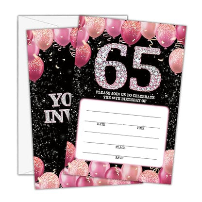 65th Birthday Invitations - Pink Glitter Bday Invites with Envelopes(25-Count) - Balloon Theme Fill-in Invite Cards for Party Supplies Favors Decorations - G05 - style: Pink Balloon 65th
